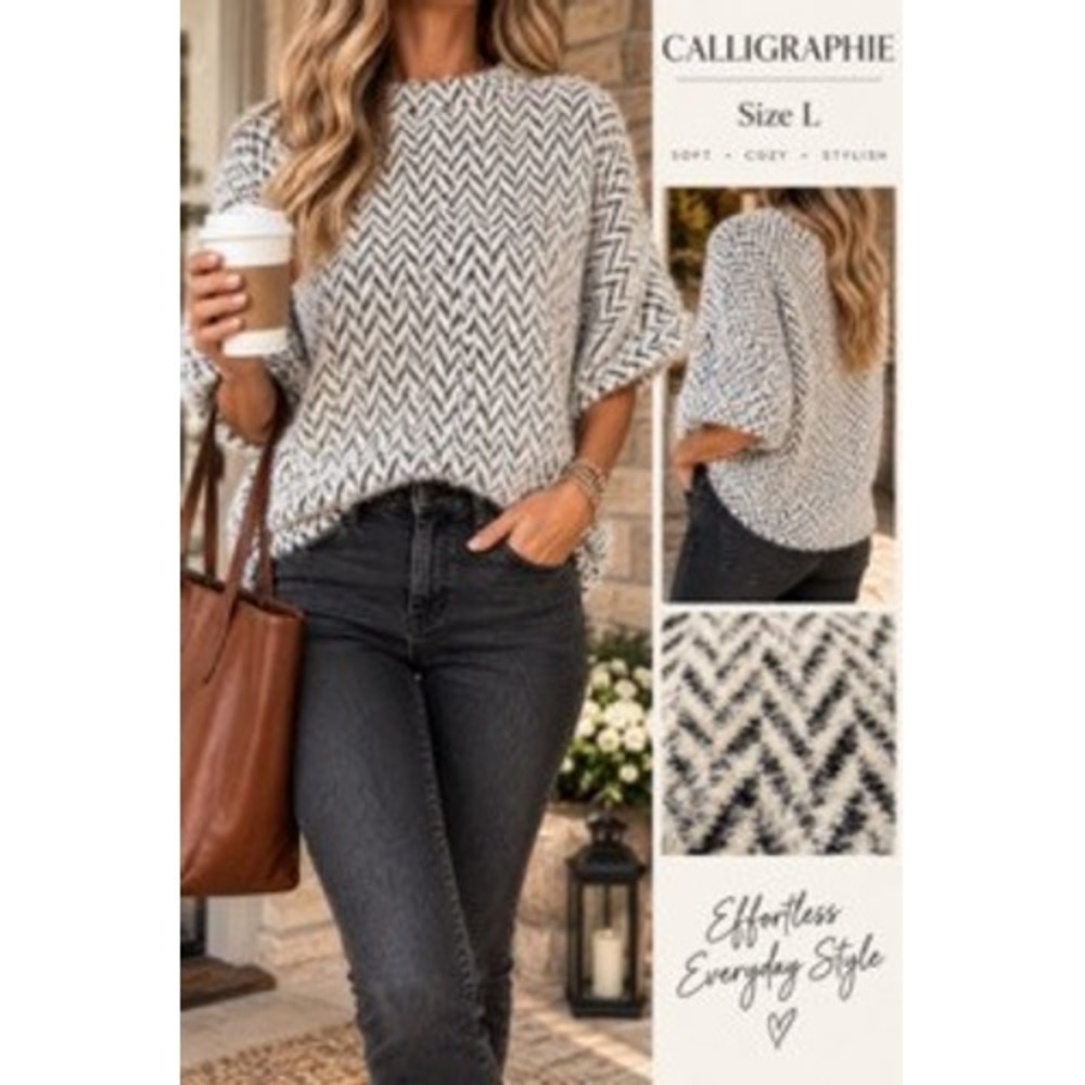 Calligraphie Women Black White Chevron Fuzzy Knit Sweater Dolman Sleeve Large